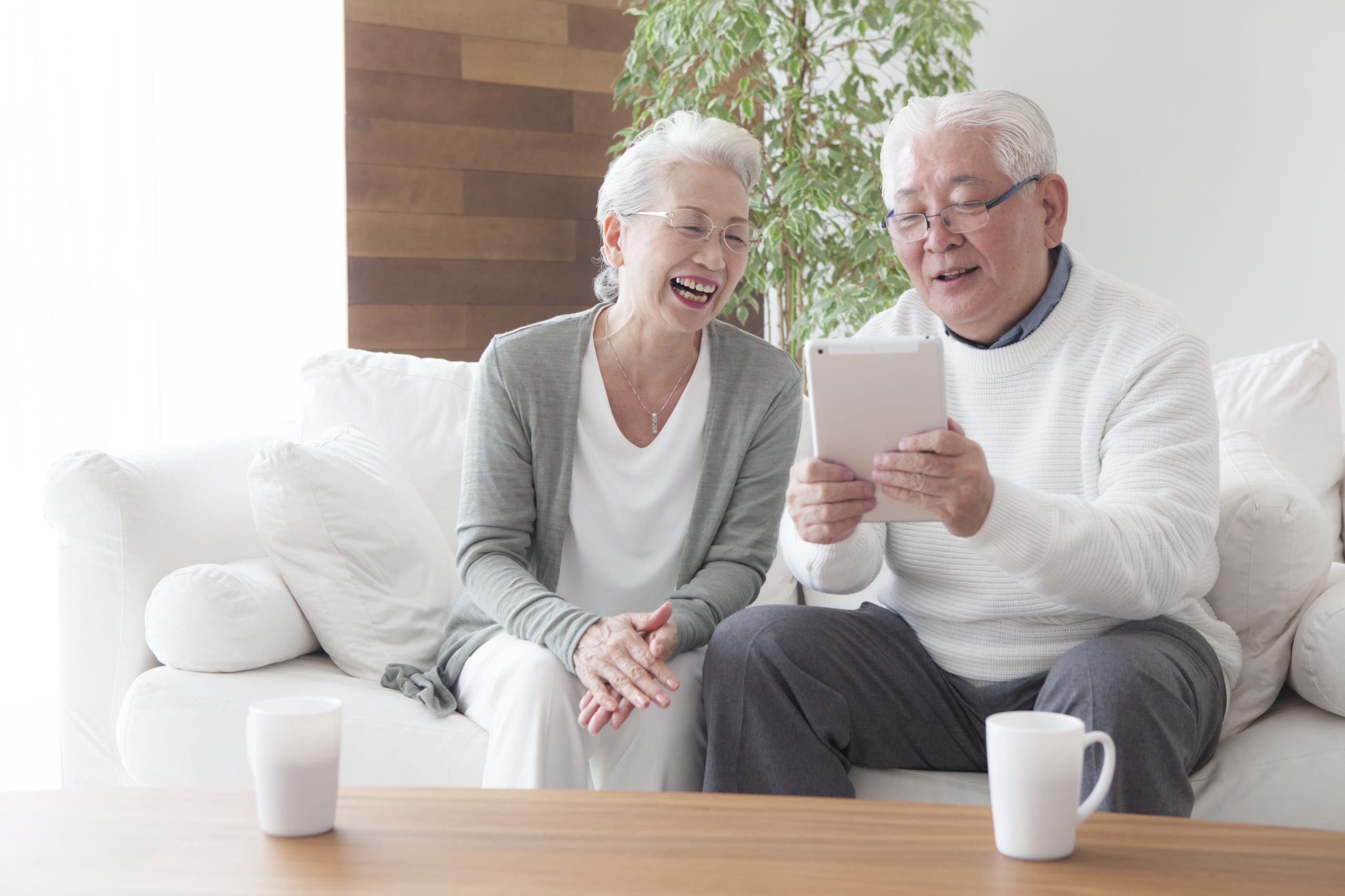 An old couple enjoying tablets